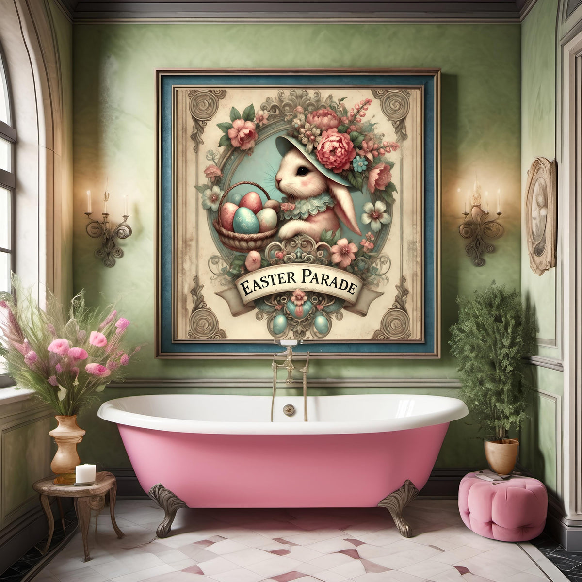 Vintage Bunny Easter Parade Sign: Victorian Spring Wall Art (Digital Print)