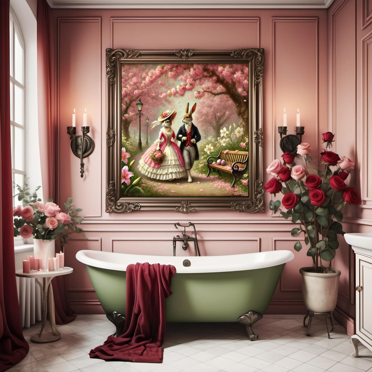 Victorian Easter Bunny Couple Print: Spring Cherry Blossoms (Digital Download)
