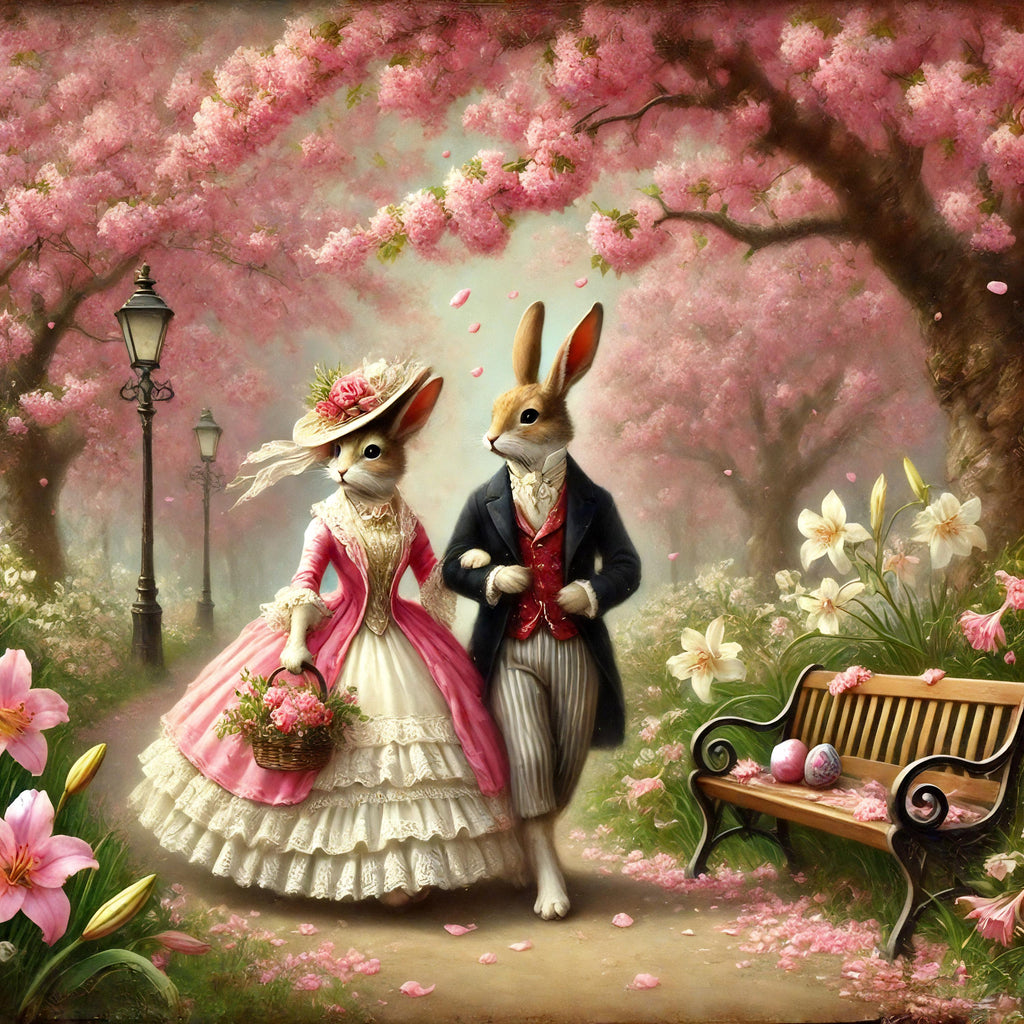 Victorian Easter Bunny Couple Print: Spring Cherry Blossoms (Digital Download)