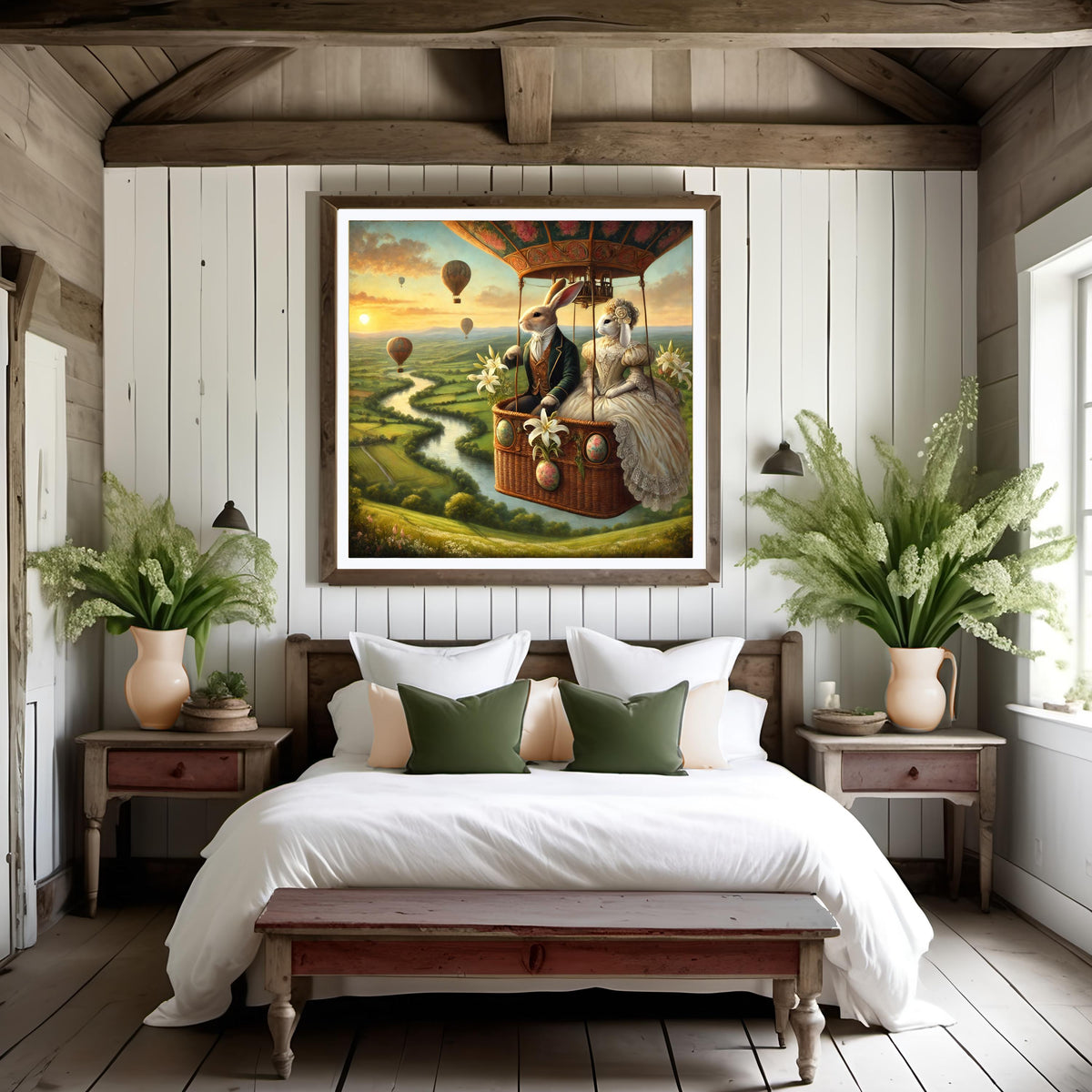 Vintage Easter Bunny Couple in Hot Air Balloon: Whimsical Spring Wall Art (Digital Download)