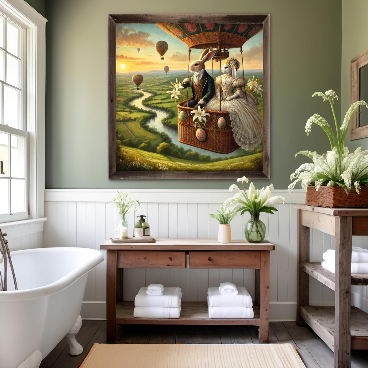 Vintage Easter Bunny Couple in Hot Air Balloon: Whimsical Spring Wall Art (Digital Download)