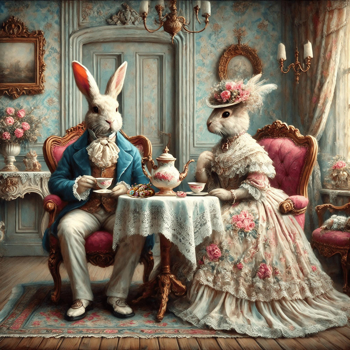 Victorian Easter Bunny Tea Party Print: Whimsical Vintage Wall Decor (Digital Download)