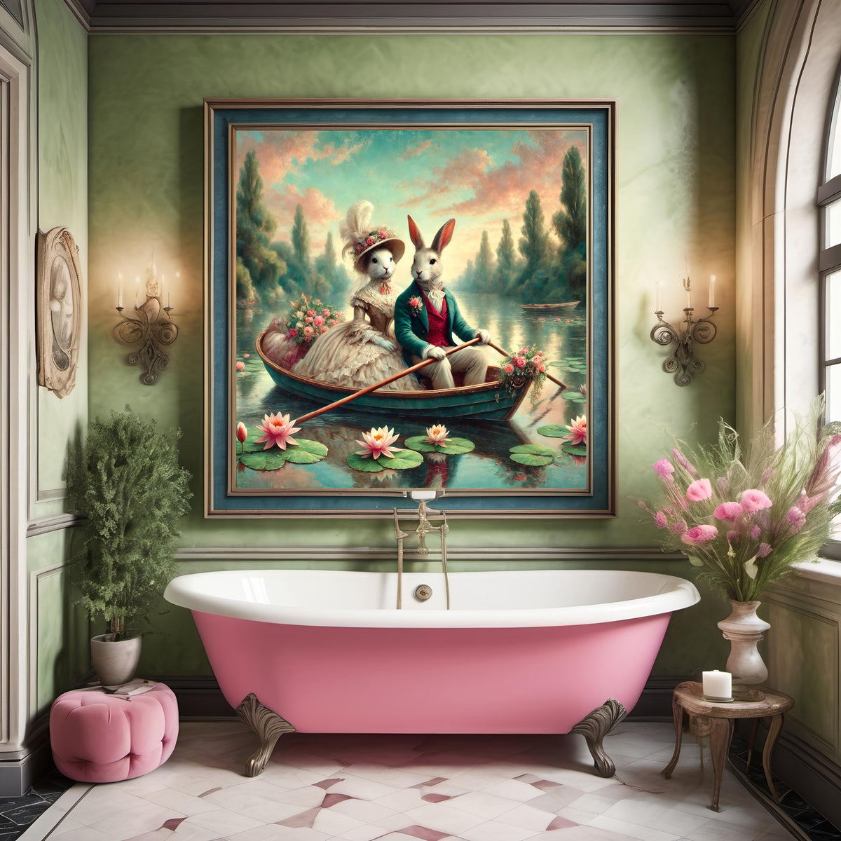 Victorian Bunny Romance Print: Vintage Rabbit Couple Boat Ride (Digital Download)