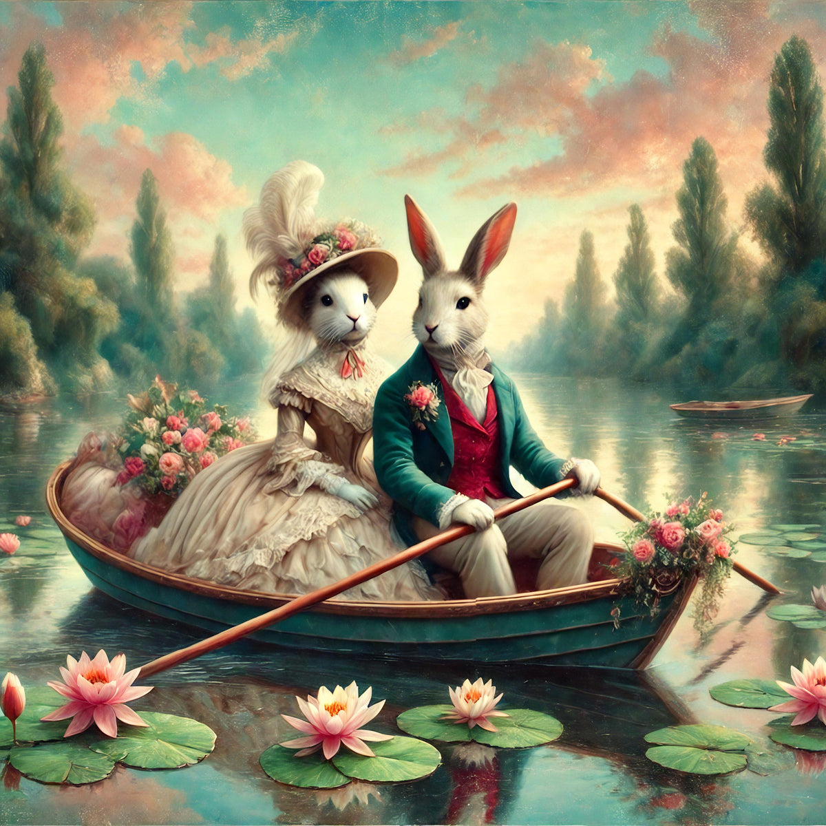 Victorian Bunny Romance Print: Vintage Rabbit Couple Boat Ride (Digital Download)