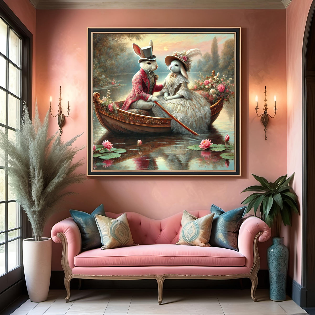 Victorian Bunny Romance Print: Rabbit Couple Boat Ride (Digital Download)