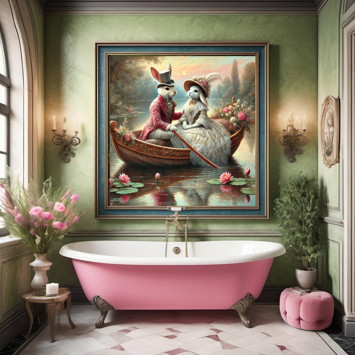 Victorian Bunny Romance Print: Rabbit Couple Boat Ride (Digital Download)