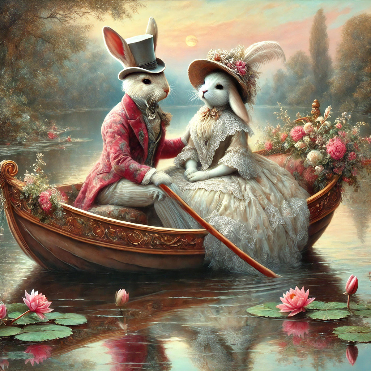 Victorian Bunny Romance Print: Rabbit Couple Boat Ride (Digital Download)