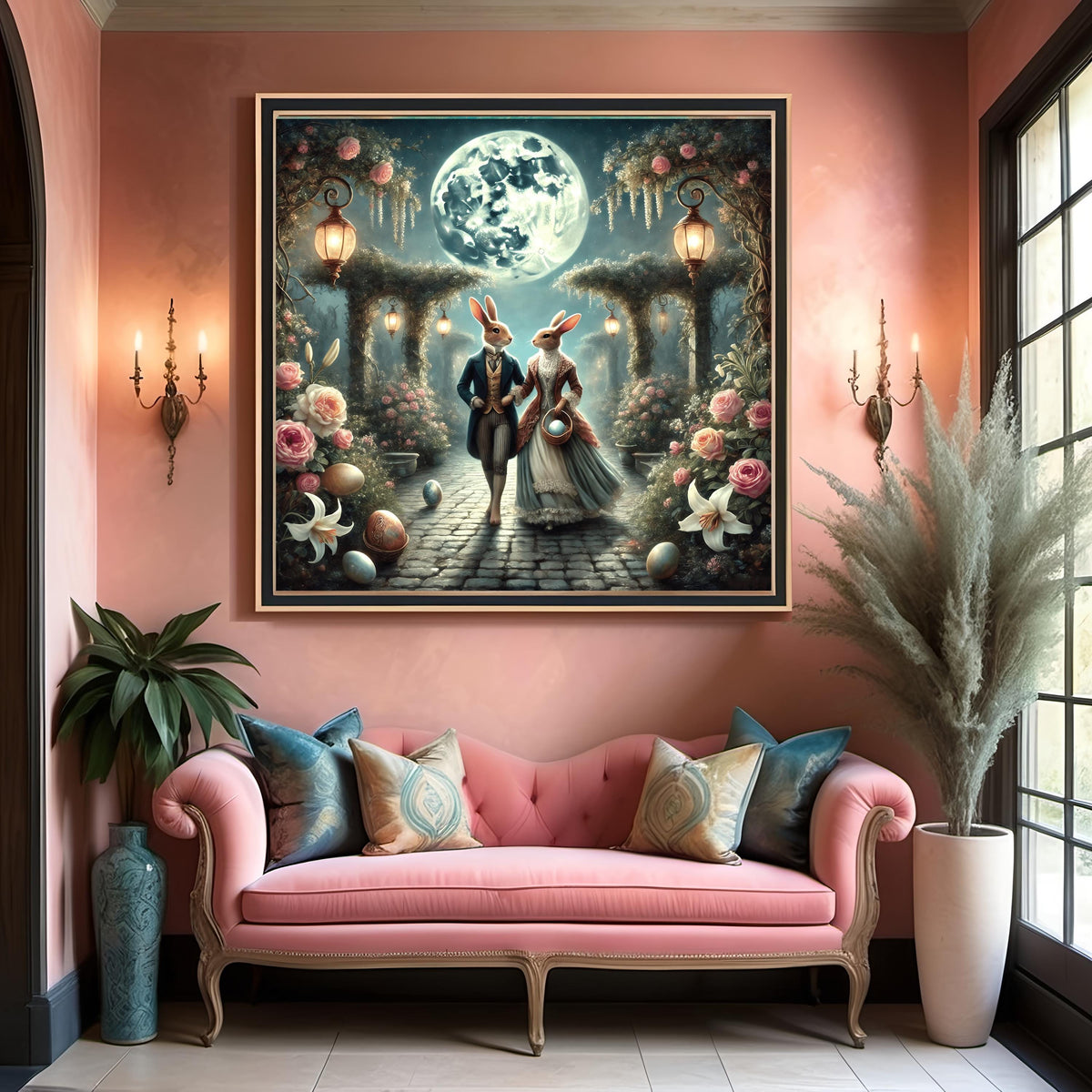Victorian Bunny Couple Print: Moonlit Easter Garden (Digital Download)
