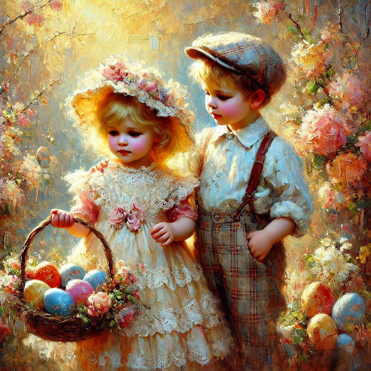 Vintage Easter Egg Hunt Print: Impressionist Children Art (Digital Download)