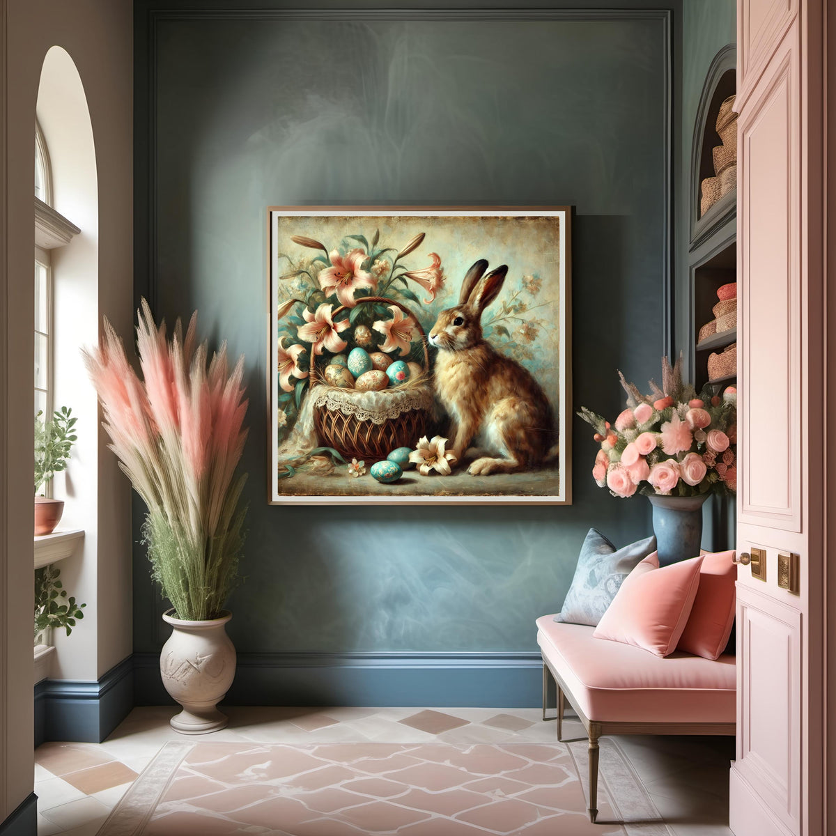 Vintage Easter Bunny Floral Basket Print: Whimsical Victorian Wall Art (Digital Download)