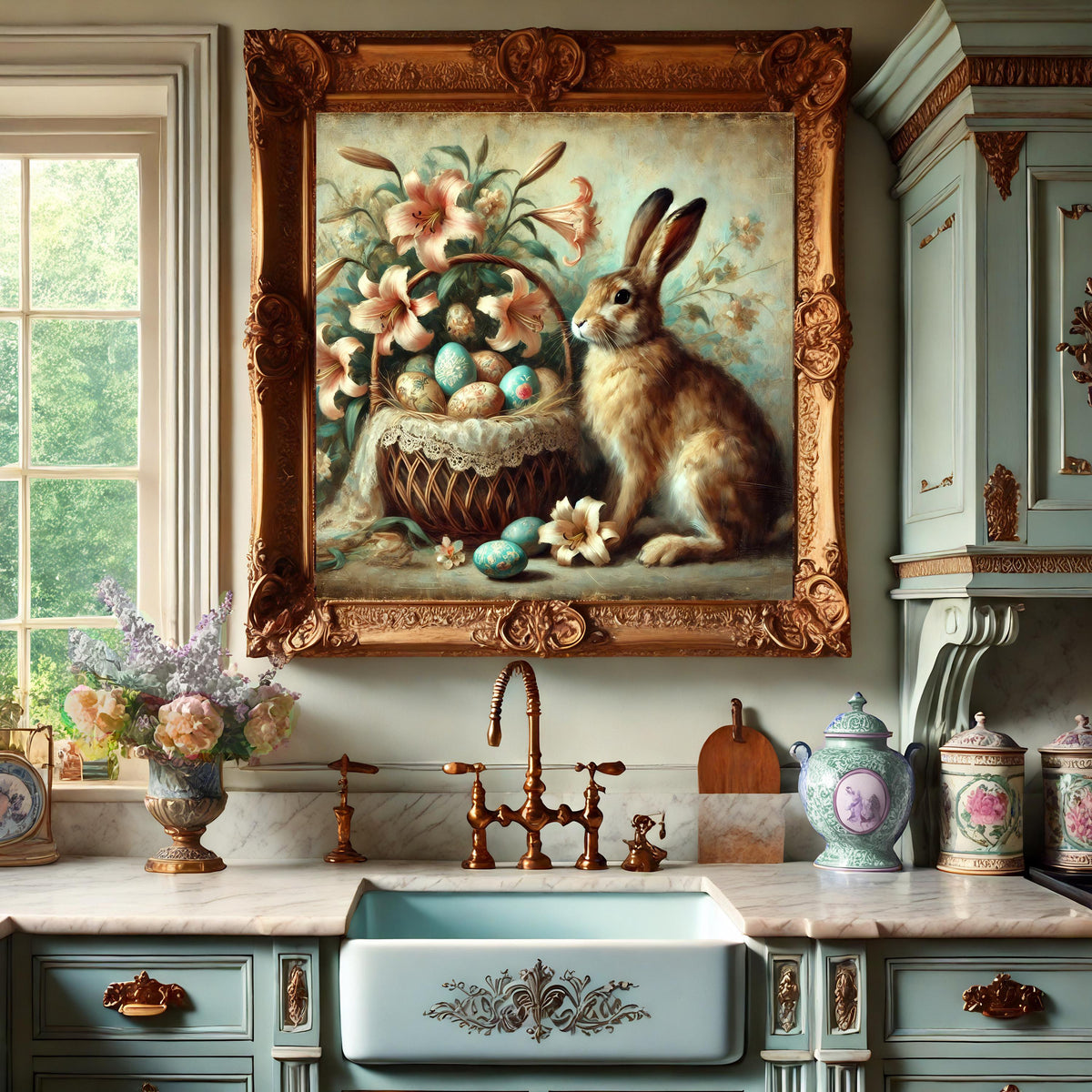 Vintage Easter Bunny Floral Basket Print: Whimsical Victorian Wall Art (Digital Download)