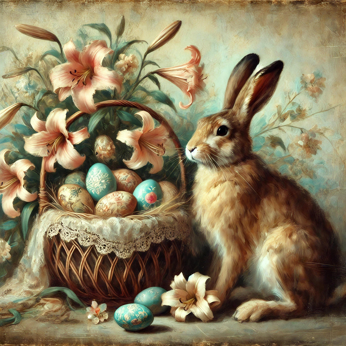 Vintage Easter Bunny Floral Basket Print: Whimsical Victorian Wall Art (Digital Download)