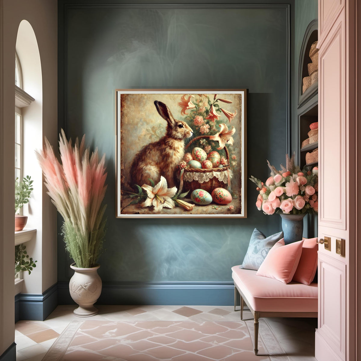 Vintage Easter Bunny Print: Victorian Floral Basket Art (Digital Download PNG)