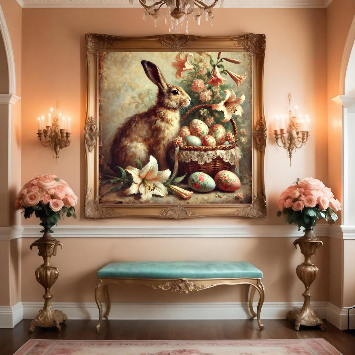 Vintage Easter Bunny Print: Victorian Floral Basket Art (Digital Download PNG)
