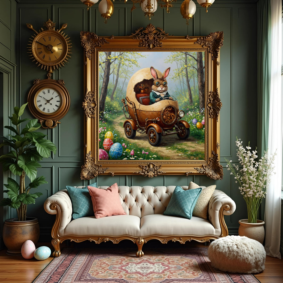 Steampunk Easter Bunny Egg Car Digital Art: Victorian Whimsy (Instant Download)