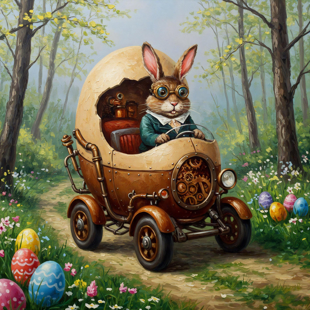Steampunk Easter Bunny Egg Car Digital Art: Victorian Whimsy (Instant Download)