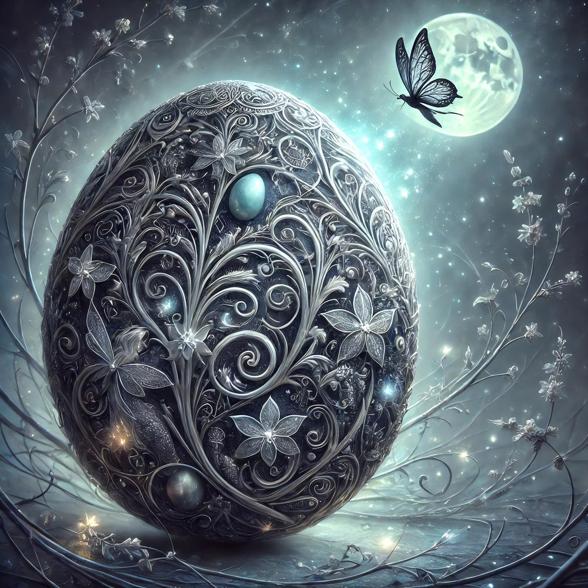 Moonlit Silver Easter Egg Art: Butterfly Fairy Fantasy (Digital Download)