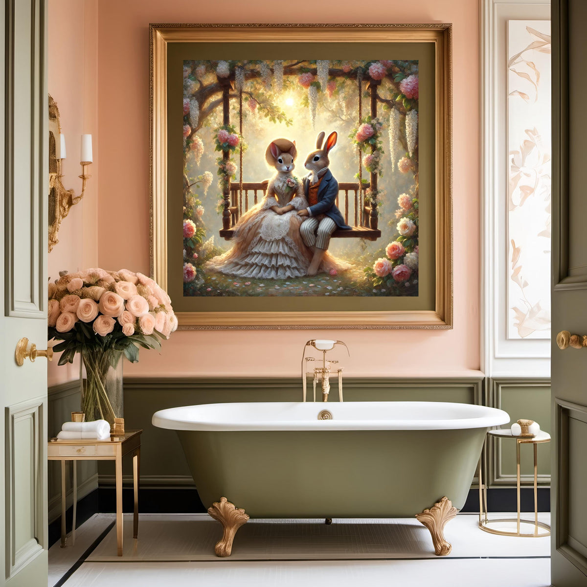 Victorian Bunny Couple Print: Romantic Rabbit Swing Art (Digital Download)