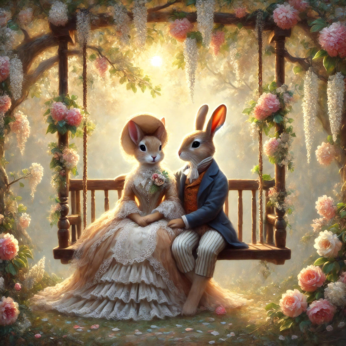 Victorian Bunny Couple Print: Romantic Rabbit Swing Art (Digital Download)