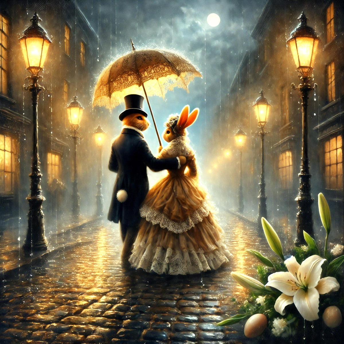 Victorian Easter Bunny Couple Print: Romantic Rainy Night (Digital Download)