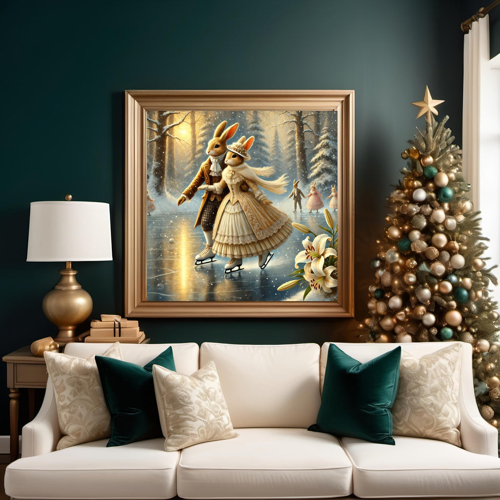 Victorian Bunny Couple Ice Skating Art: Romantic Winter Scene (Digital Download)
