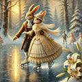 Victorian Bunny Couple Ice Skating Art: Romantic Winter Scene (Digital Download)