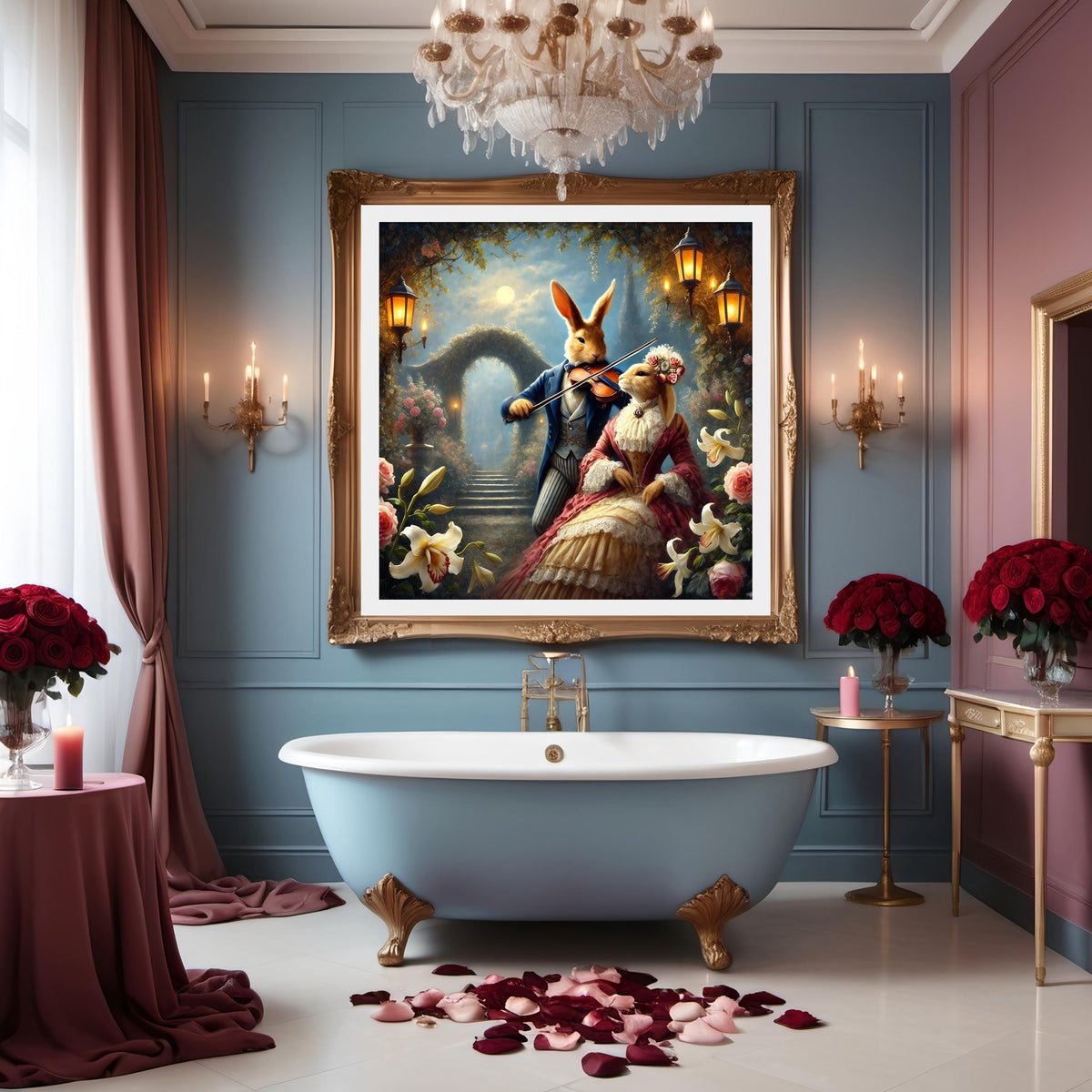 Victorian Bunny Serenade Print: Romantic Rabbit Couple in Moonlit Garden (Digital Download)