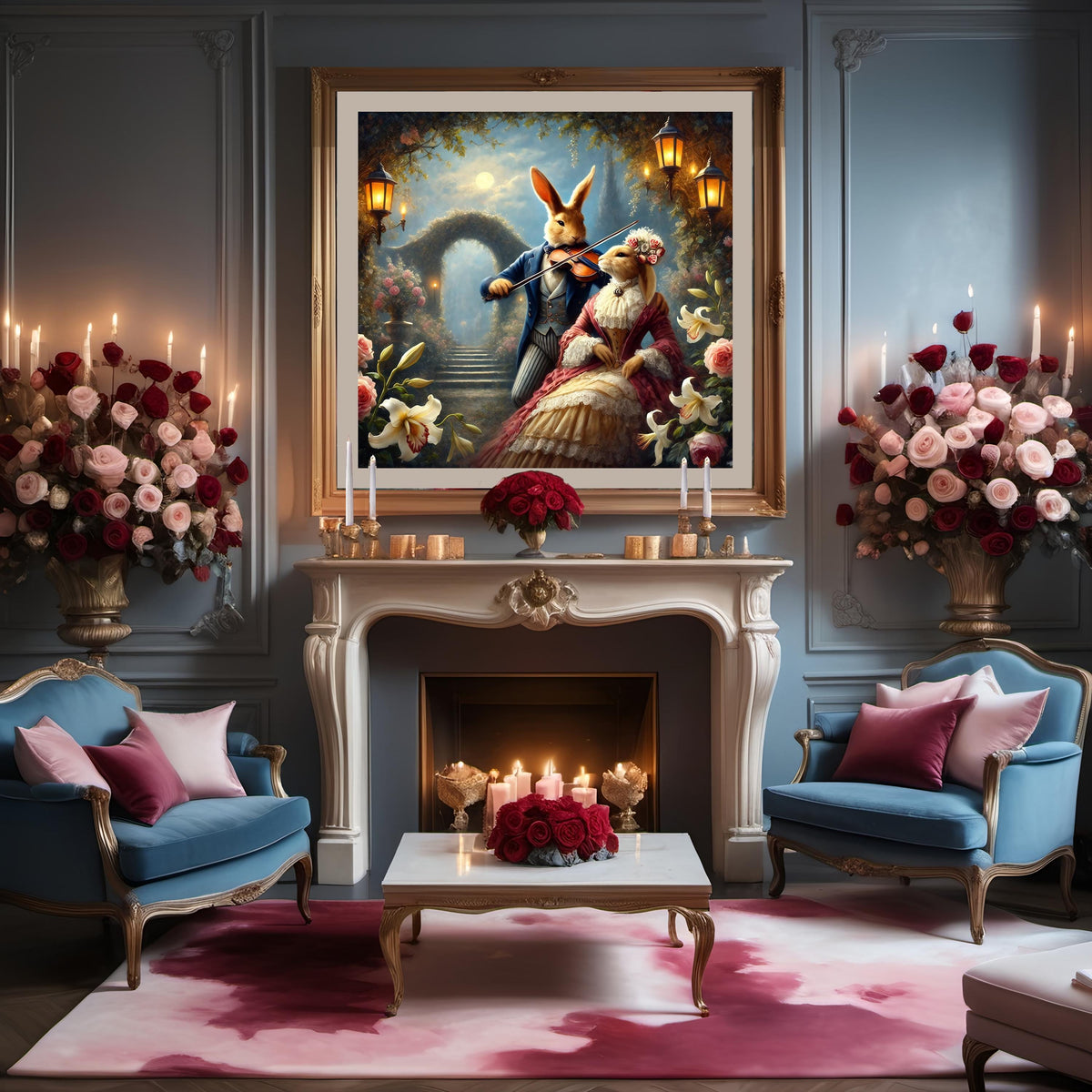 Victorian Bunny Serenade Print: Romantic Rabbit Couple in Moonlit Garden (Digital Download)