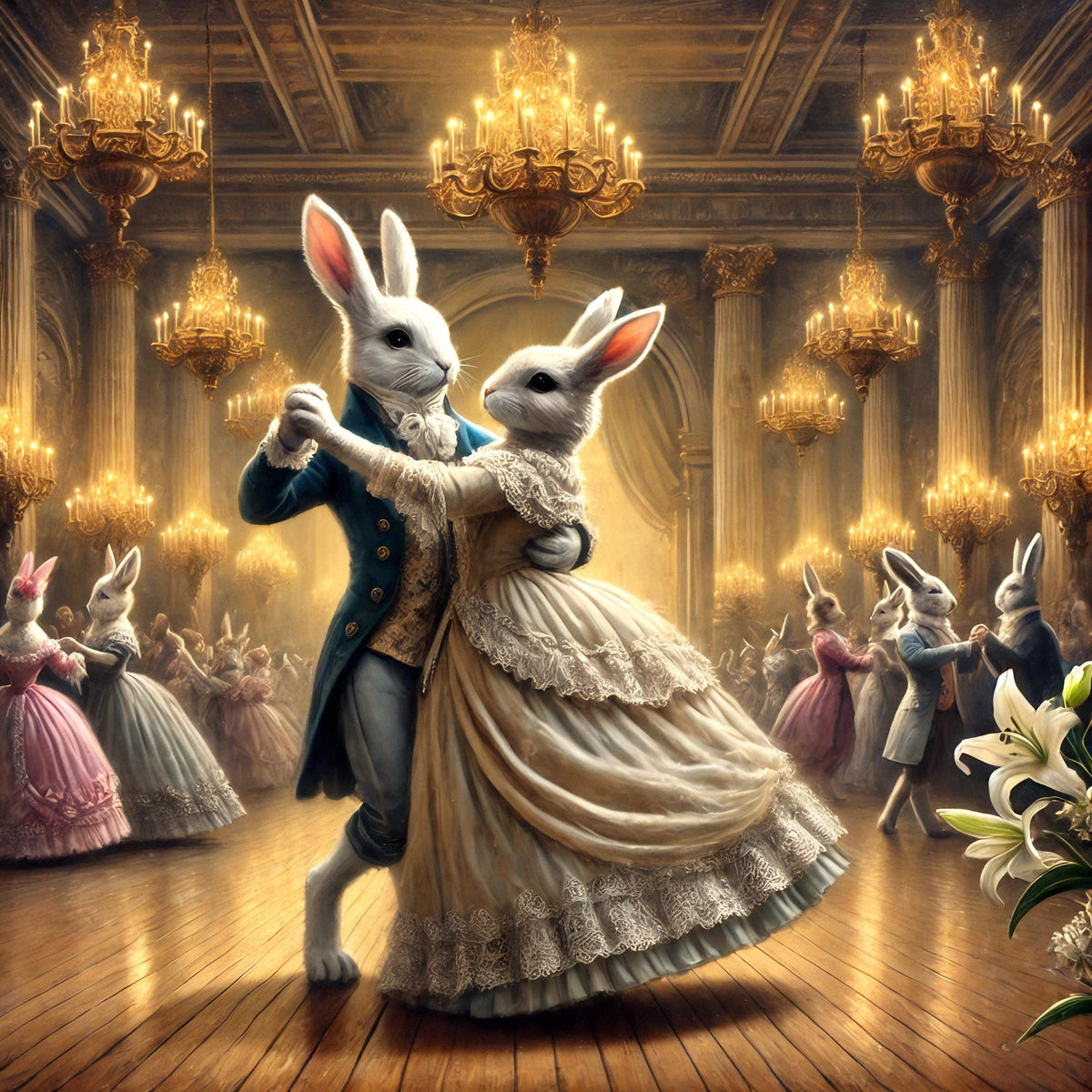 Victorian Bunny Ballroom Dance Art: Whimsical Easter Print (Digital Download)