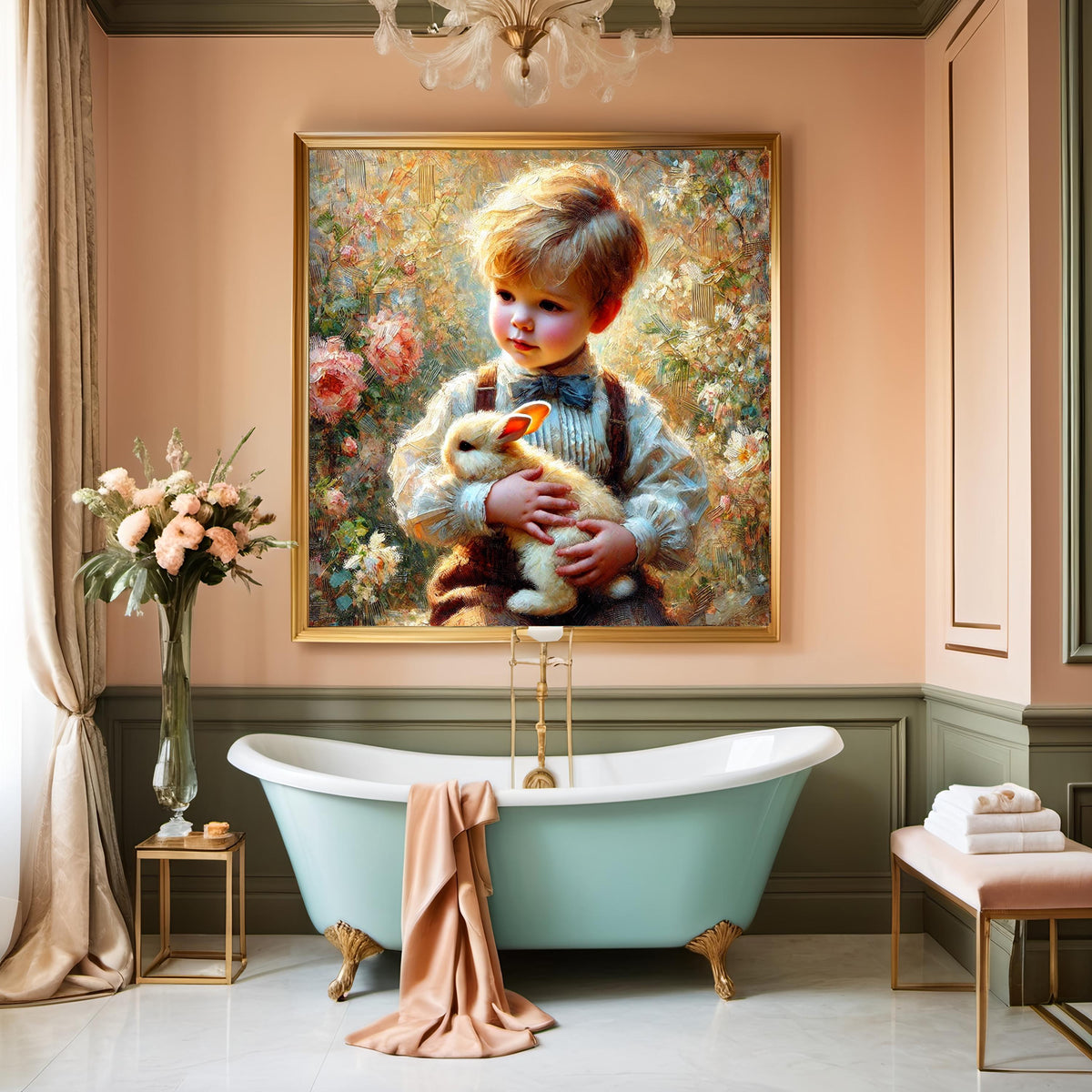 Vintage Easter Boy and Bunny Print: Antique Spring Pastoral Decor (Digital Download)