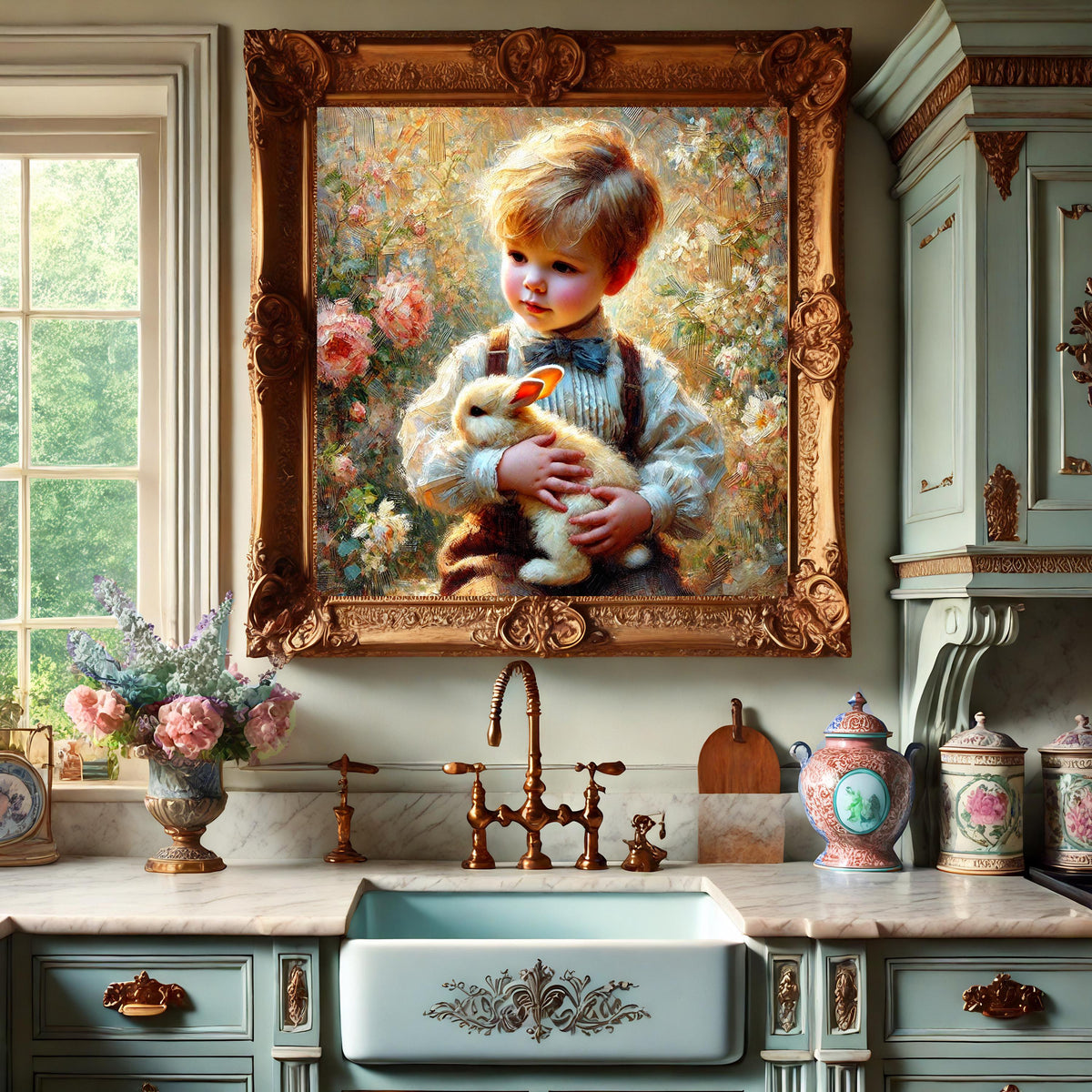 Vintage Easter Boy and Bunny Print: Antique Spring Pastoral Decor (Digital Download)