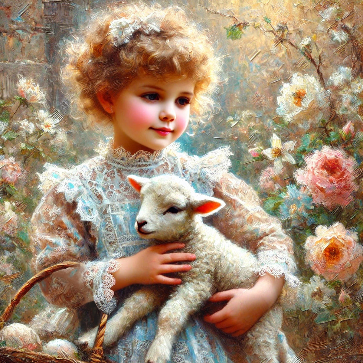 Vintage Easter Girl and Lamb Art Print: Antique Spring Pastoral Decor (Digital Download)