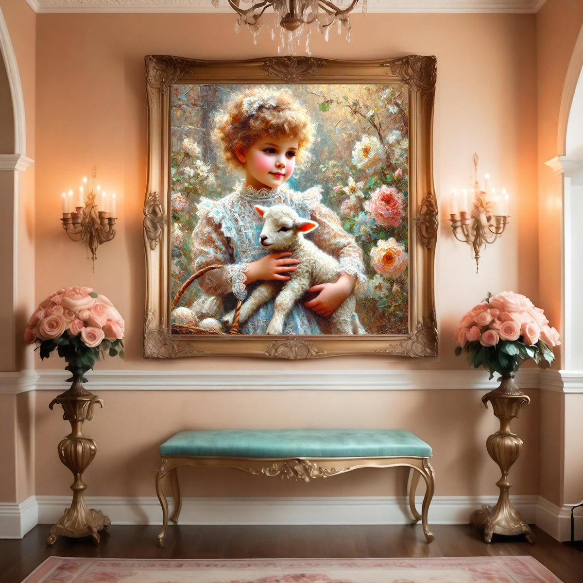Vintage Easter Girl and Lamb Art Print: Antique Spring Pastoral Decor (Digital Download)