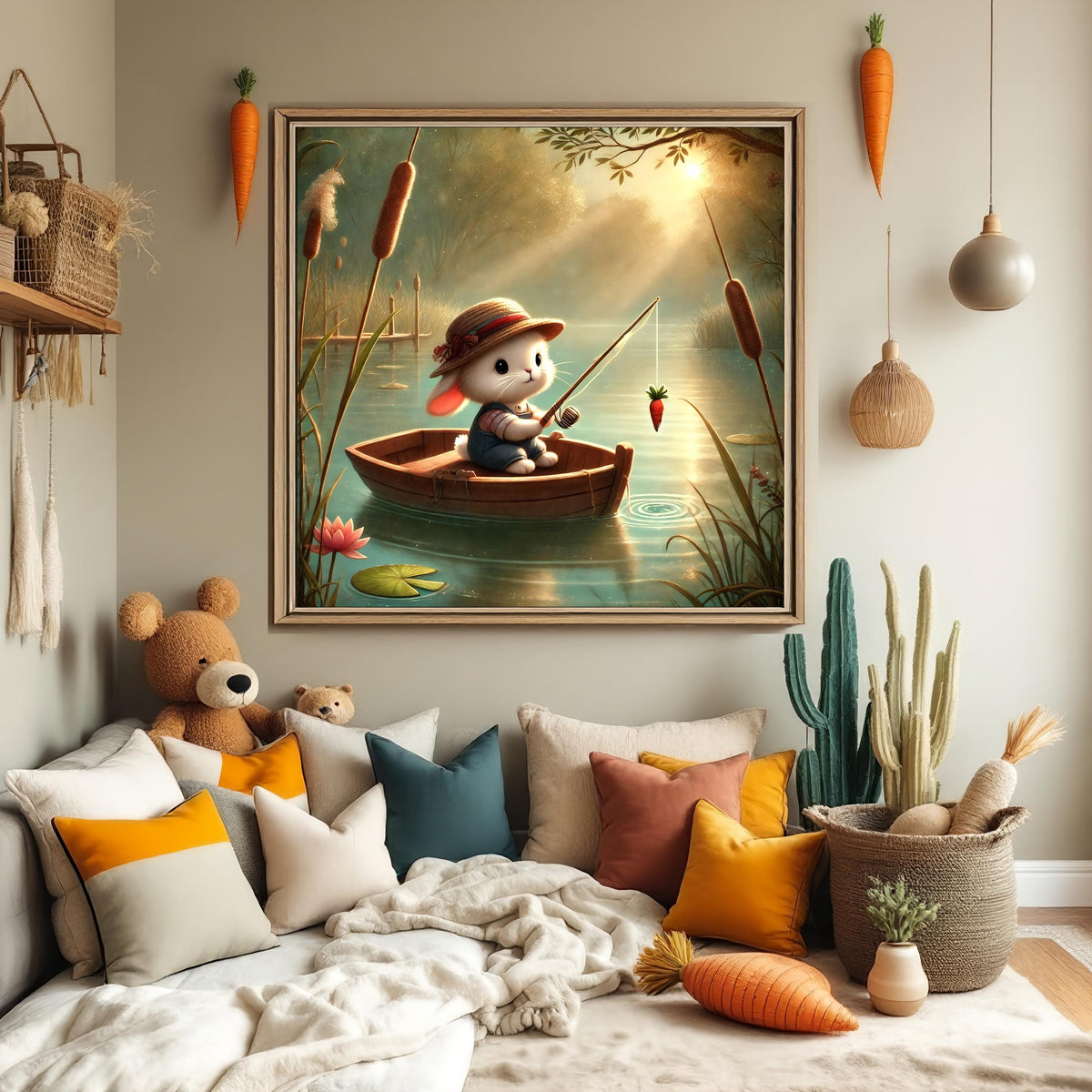 Whimsical Bunny Fishing with Carrot: Nursery Wall Art (Digital Download)