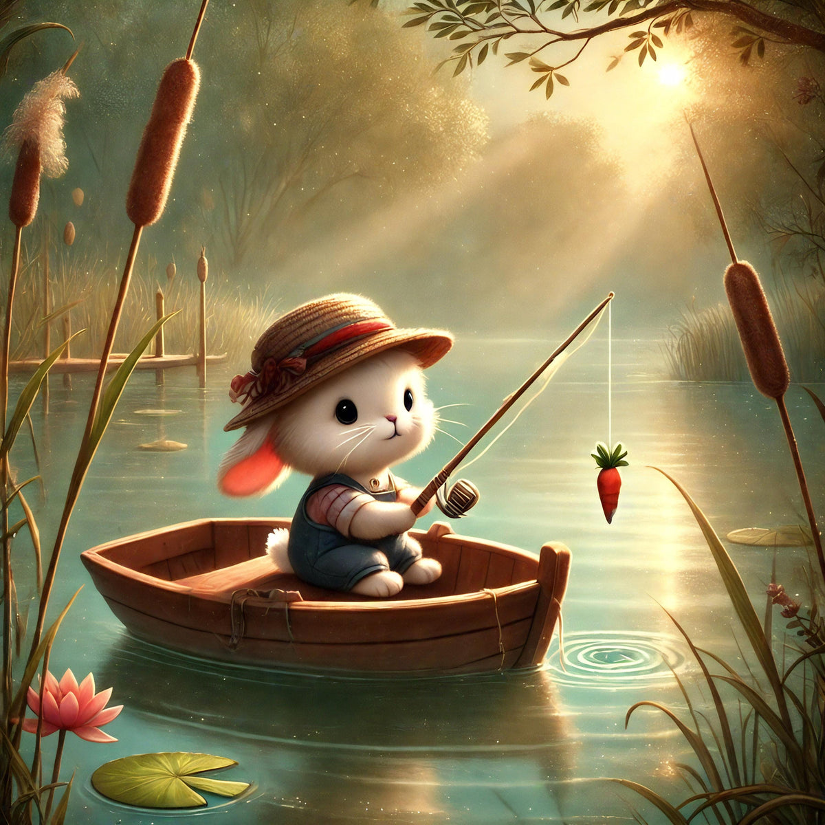 Whimsical Bunny Fishing with Carrot: Nursery Wall Art (Digital Download)