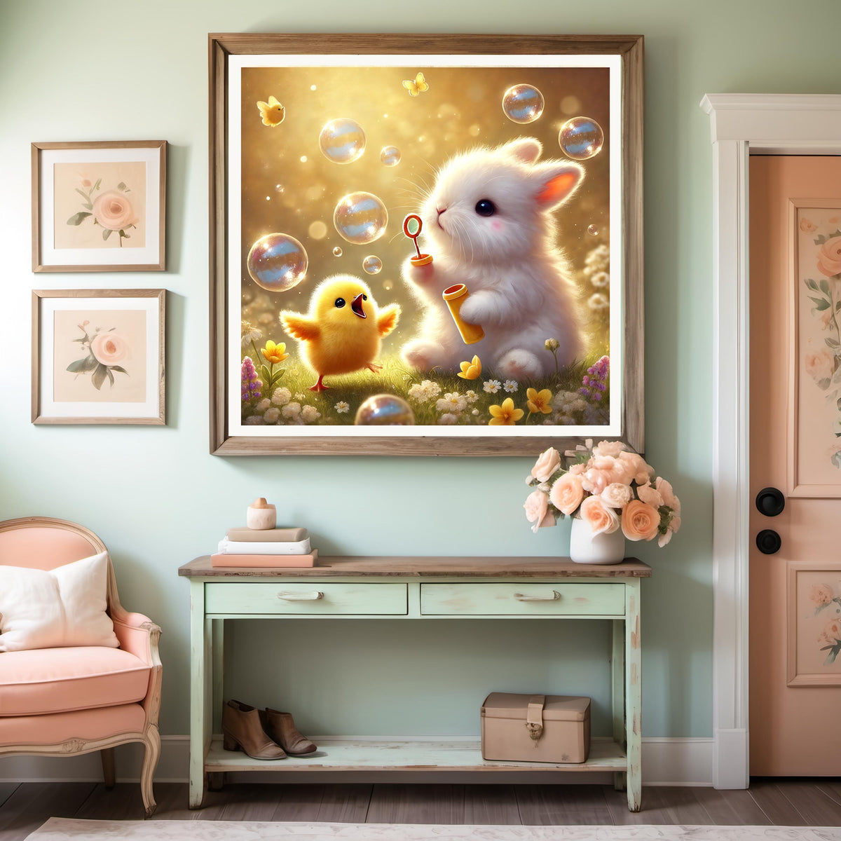 Bunny and Chick Blowing Bubbles Art Print, Spring Nursery Decor (Digital Download)