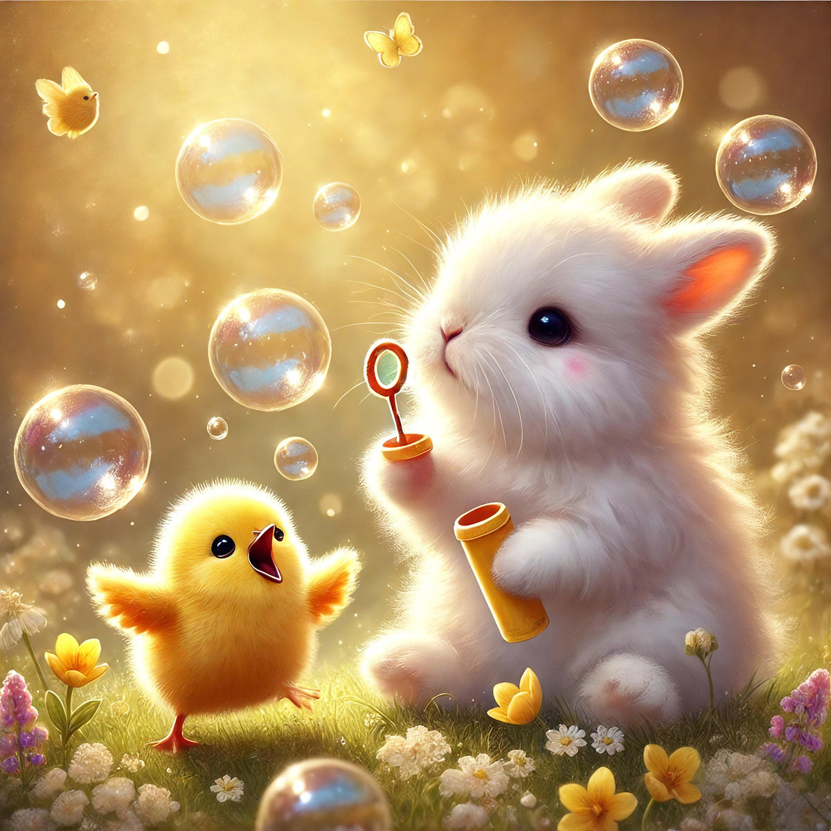 Bunny and Chick Blowing Bubbles Art Print, Spring Nursery Decor (Digital Download)