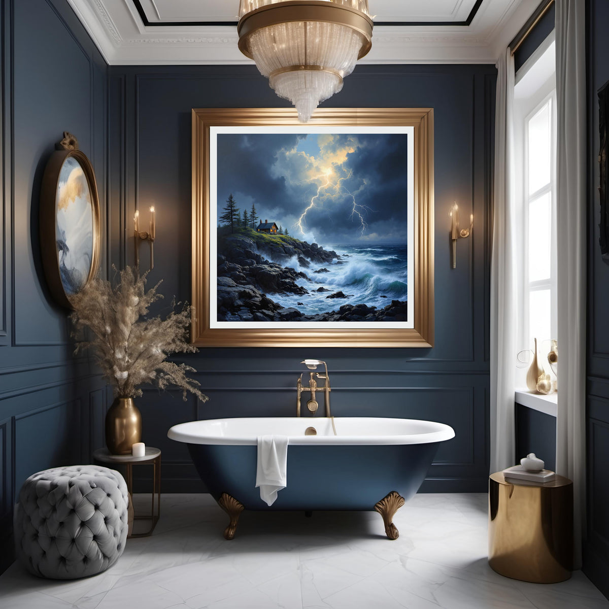 Stormy Seascape Print: Lighthouse, Coastal Cottage, Lightning (Digital Download)