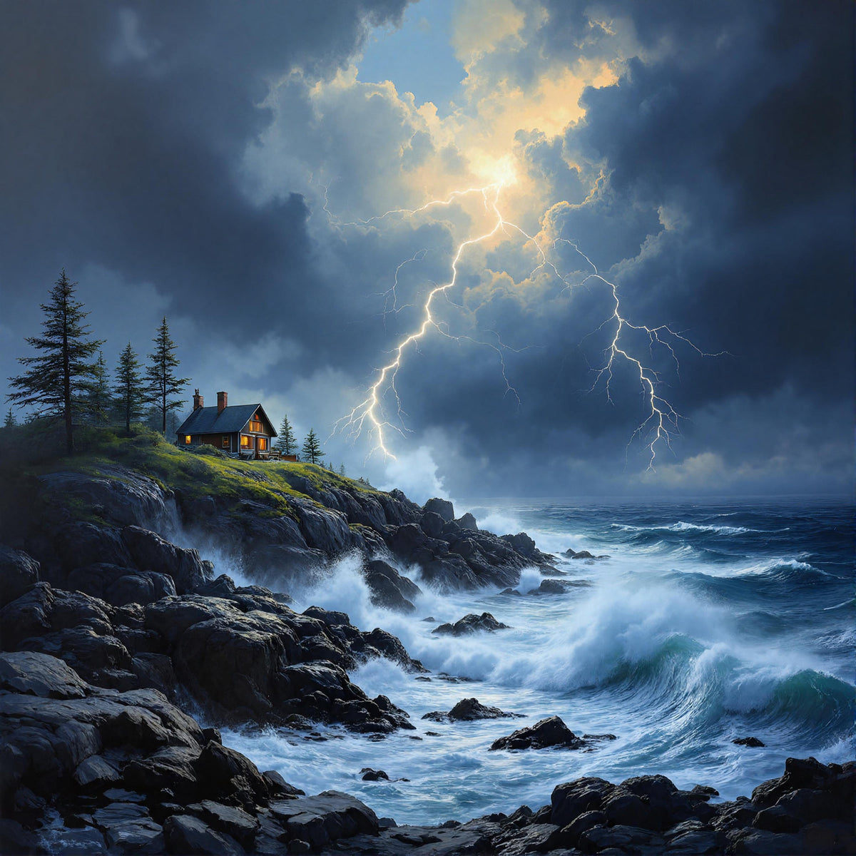 Stormy Seascape Print: Lighthouse, Coastal Cottage, Lightning (Digital Download)