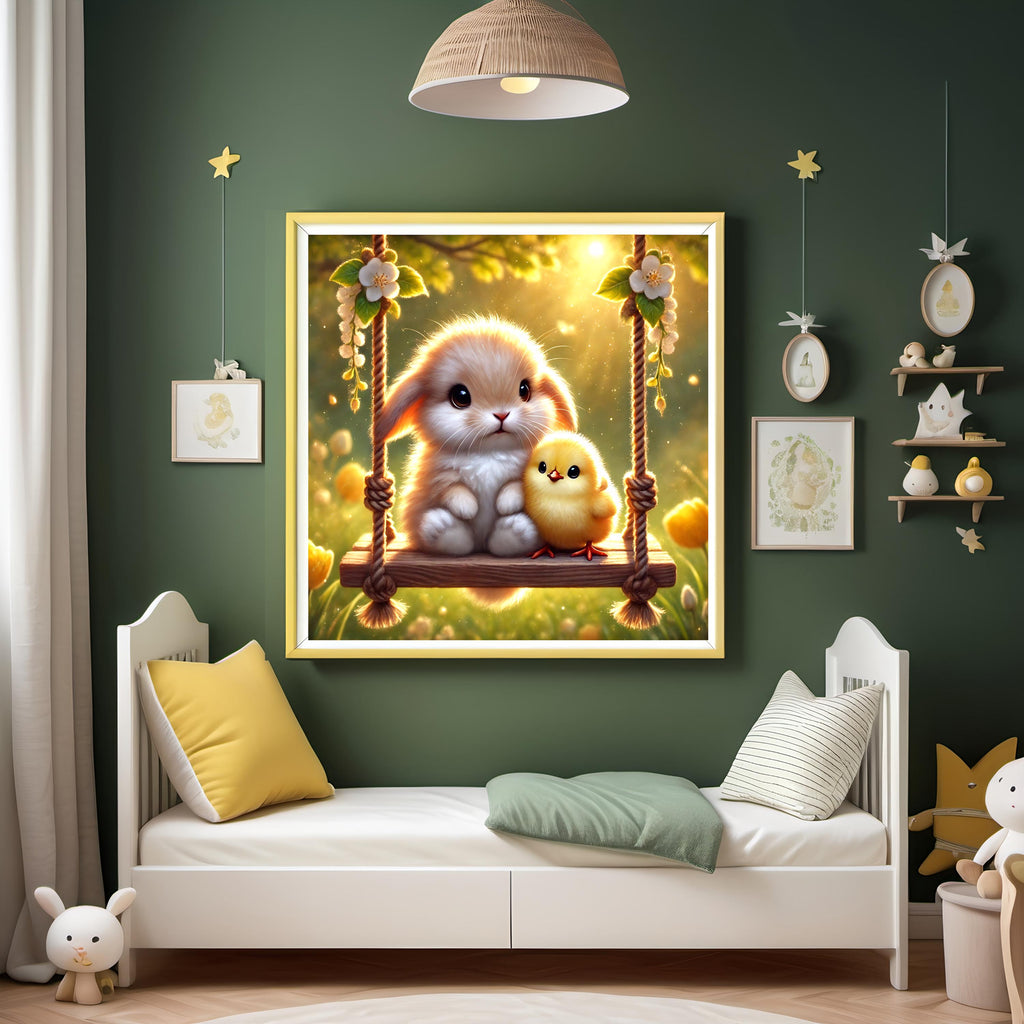 Bunny and Chick Spring Nursery Art: Baby Animal Swing (Digital Download)