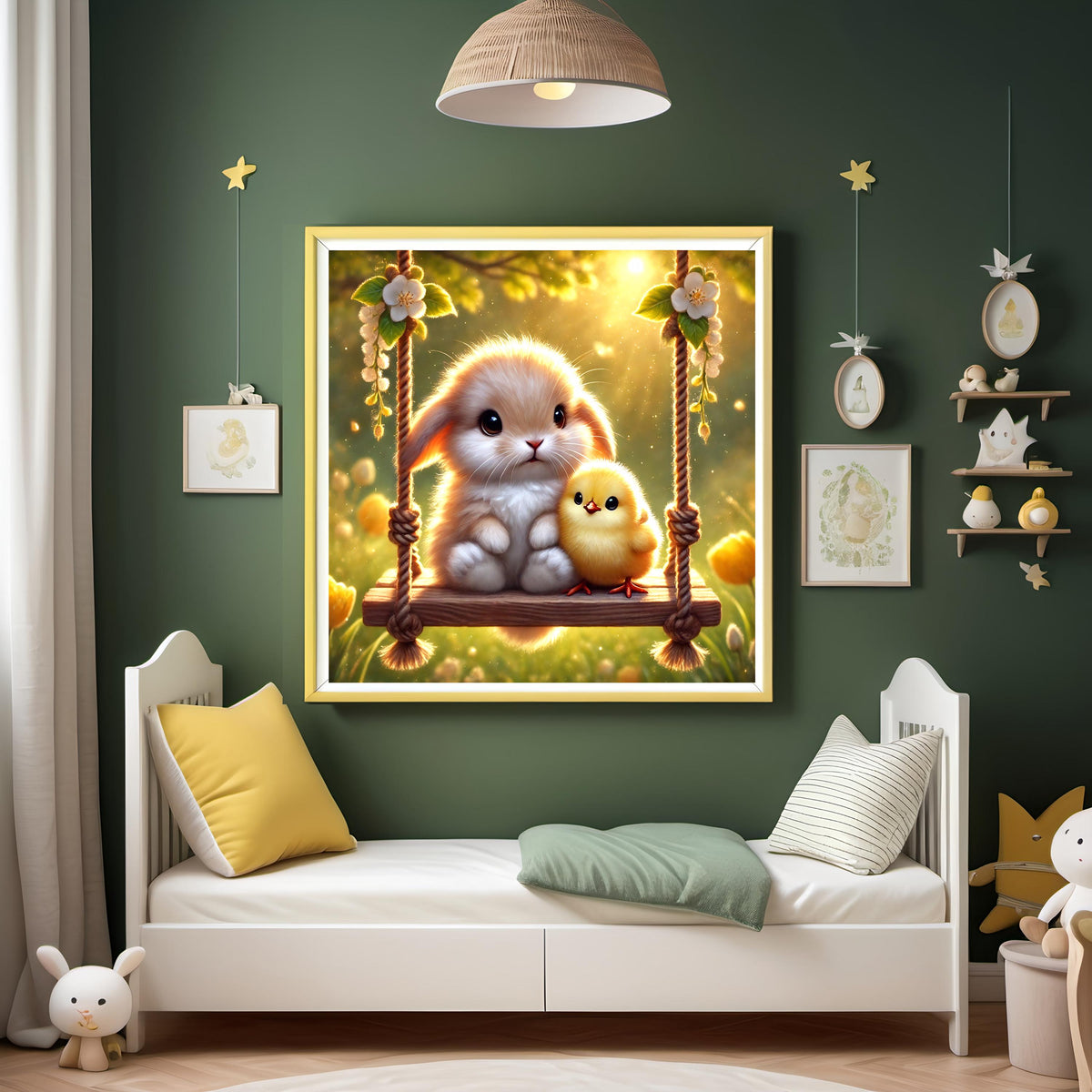 Bunny and Chick Spring Nursery Art: Baby Animal Swing (Digital Download)
