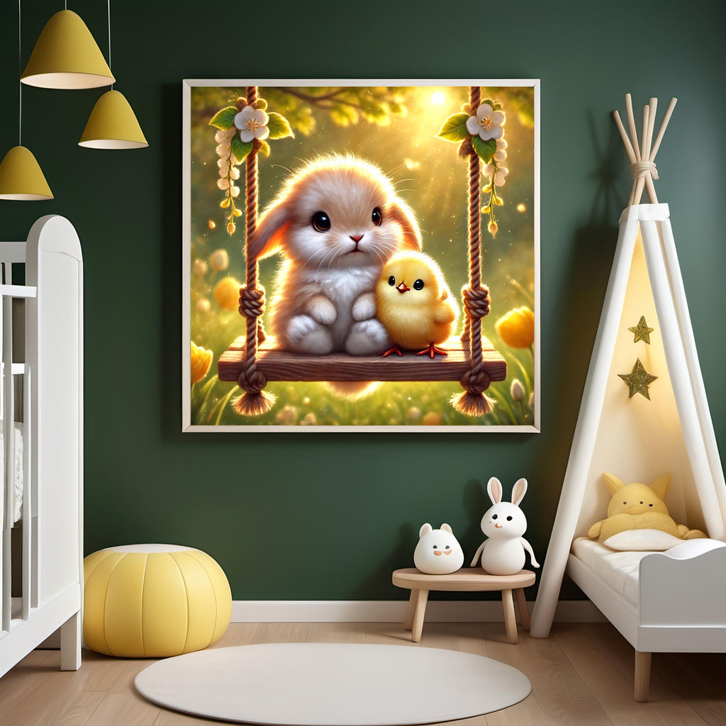 Bunny and Chick Spring Nursery Art: Baby Animal Swing (Digital Download)