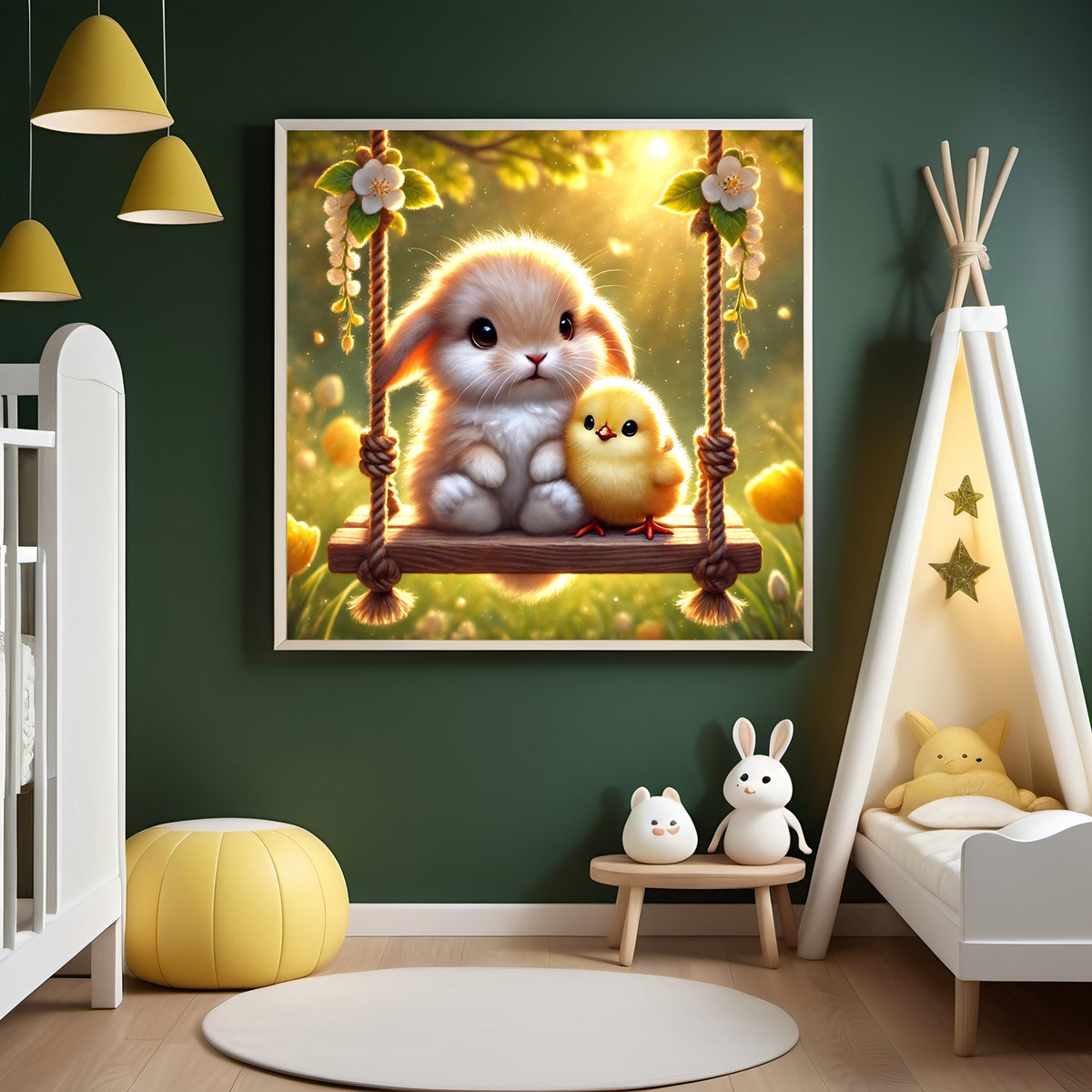Bunny and Chick Spring Nursery Art: Baby Animal Swing (Digital Download)
