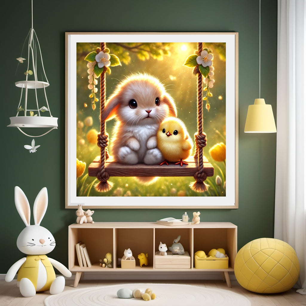 Bunny and Chick Spring Nursery Art: Baby Animal Swing (Digital Download)