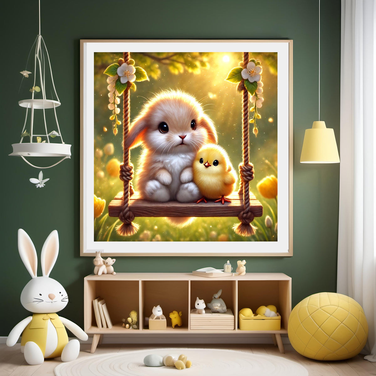 Bunny and Chick Spring Nursery Art: Baby Animal Swing (Digital Download)
