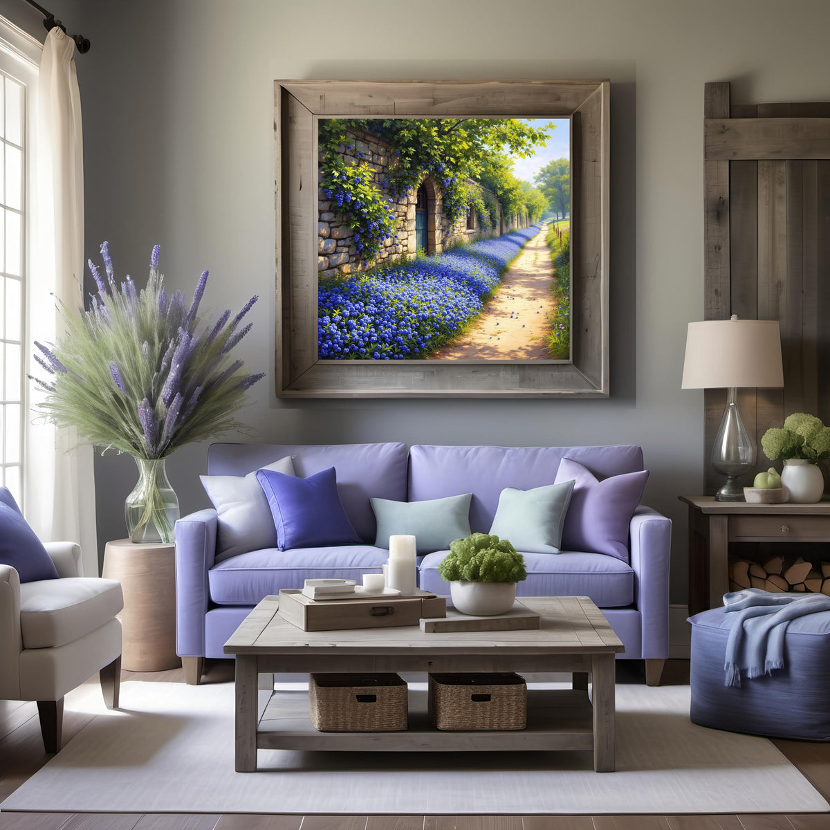 Stone Wall Garden Path Print: Vintage Blue Flower Landscape (Digital Download)