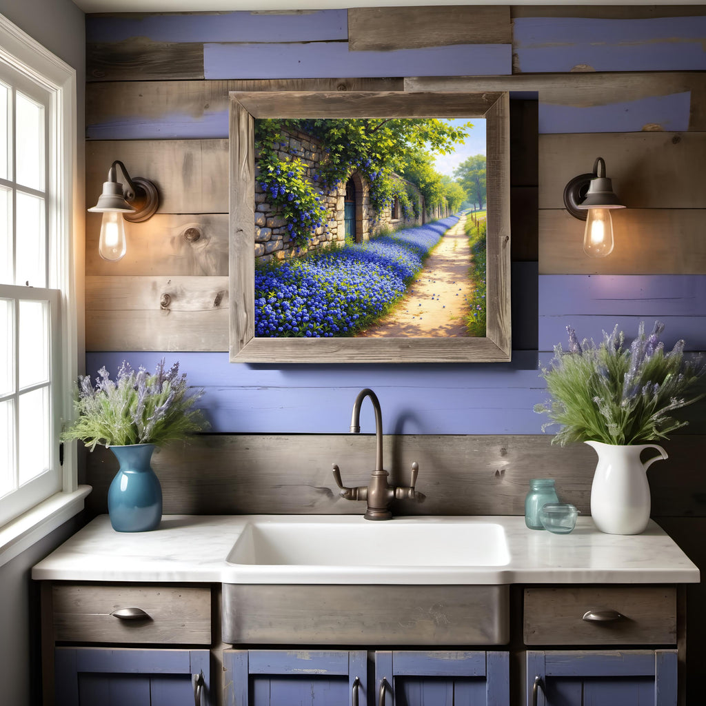 Stone Wall Garden Path Print: Vintage Blue Flower Landscape (Digital Download)
