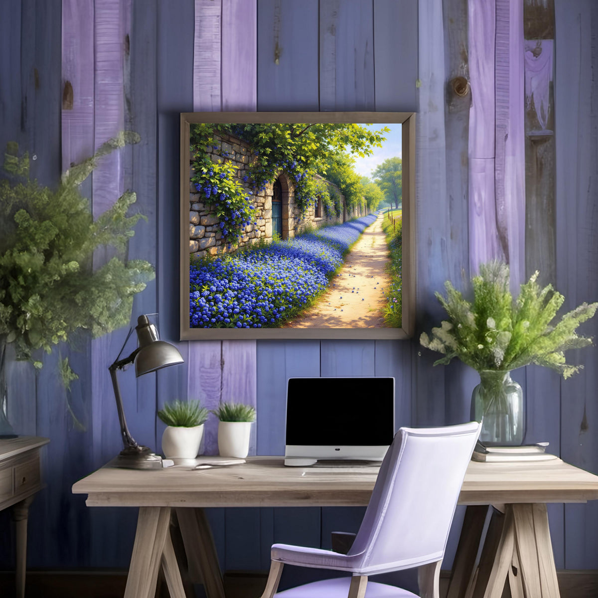 Stone Wall Garden Path Print: Vintage Blue Flower Landscape (Digital Download)