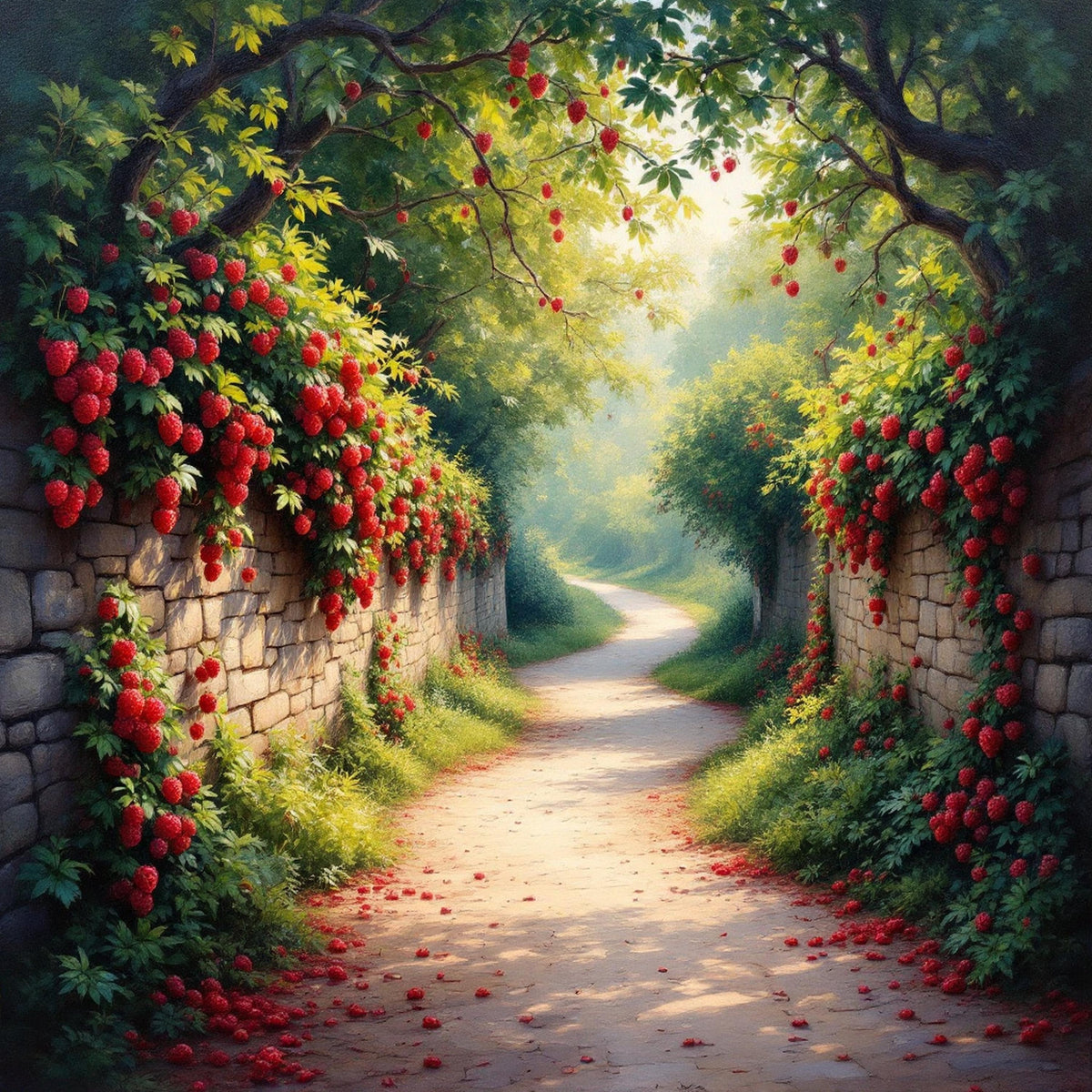 Red Flower Garden Path Print: Cottagecore Stone Wall Art (Digital Download)