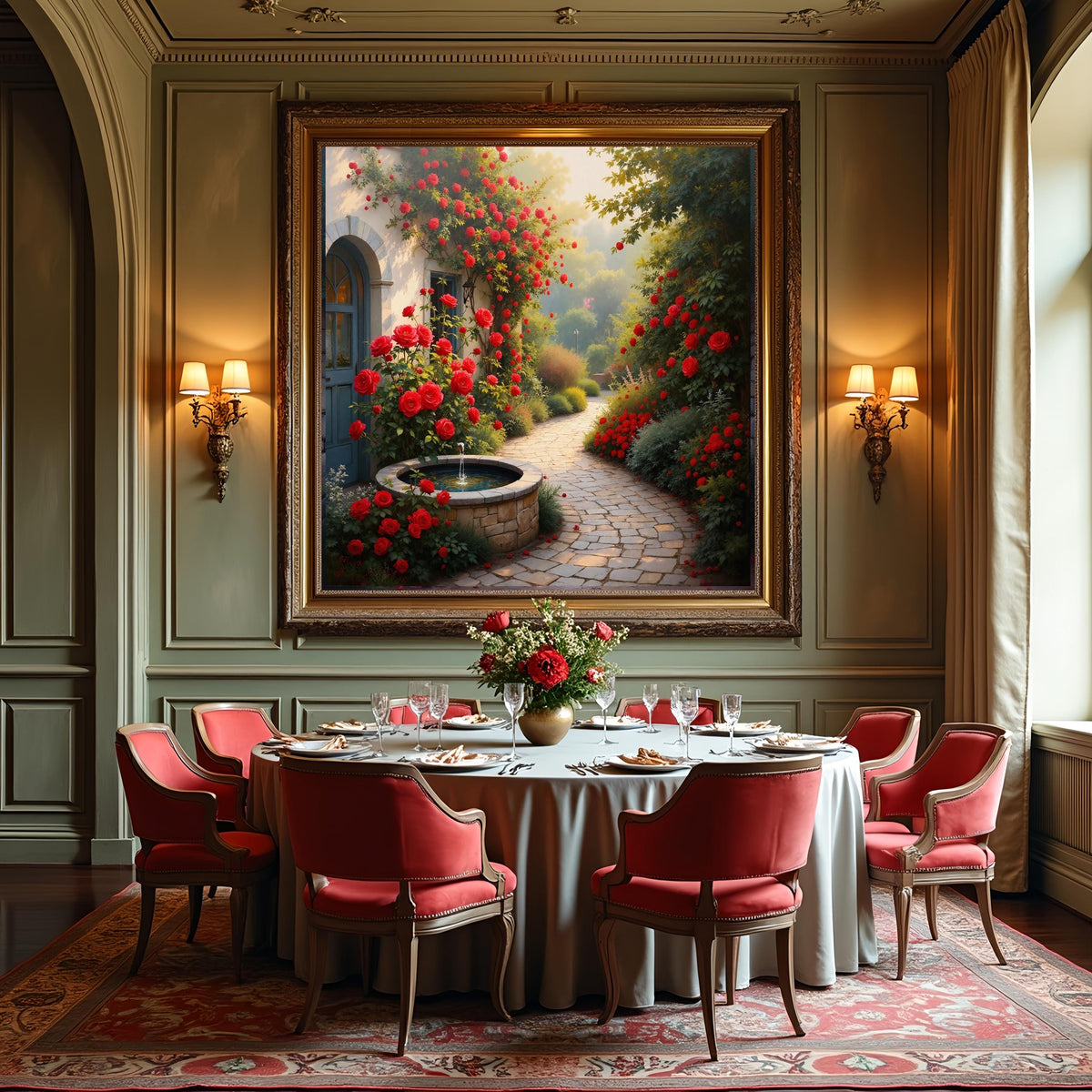 Rose Garden Courtyard Print: Vintage Cottagecore Wall Art (Digital Download)